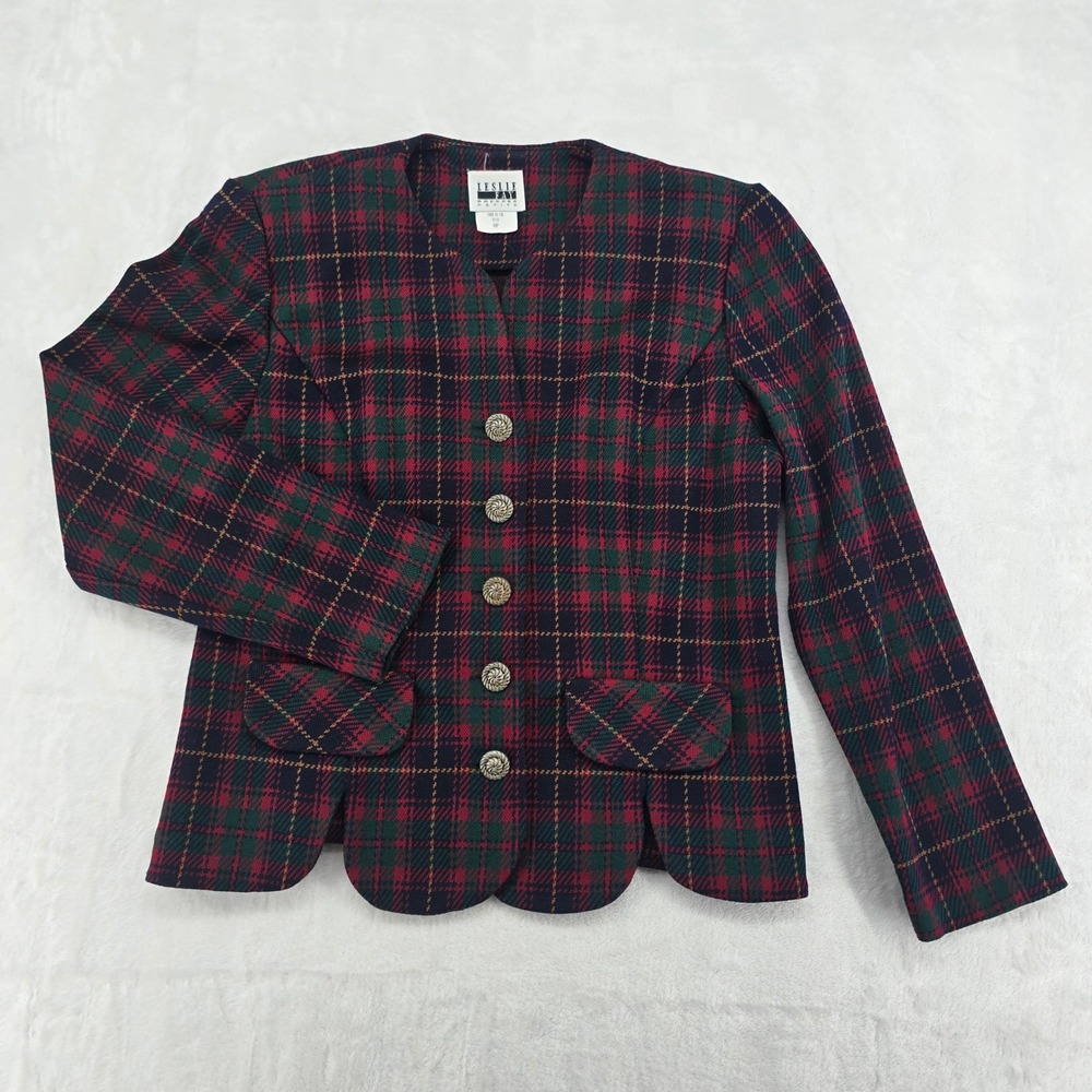 Leslie Fay Blazer Womens 8P Blazer Red Green Plaid Scalloped Hem‎ Vintage USA